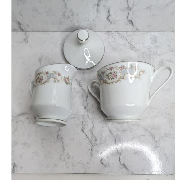 Fine China Japan Roquefort Creamer Sugar Set Silver Trim Floral Pattern - Picture 2 of 9
